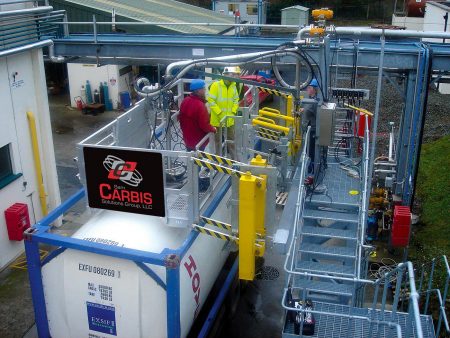 Two men stand on a Carbis Solutions elevated truck platform above a tank truck.