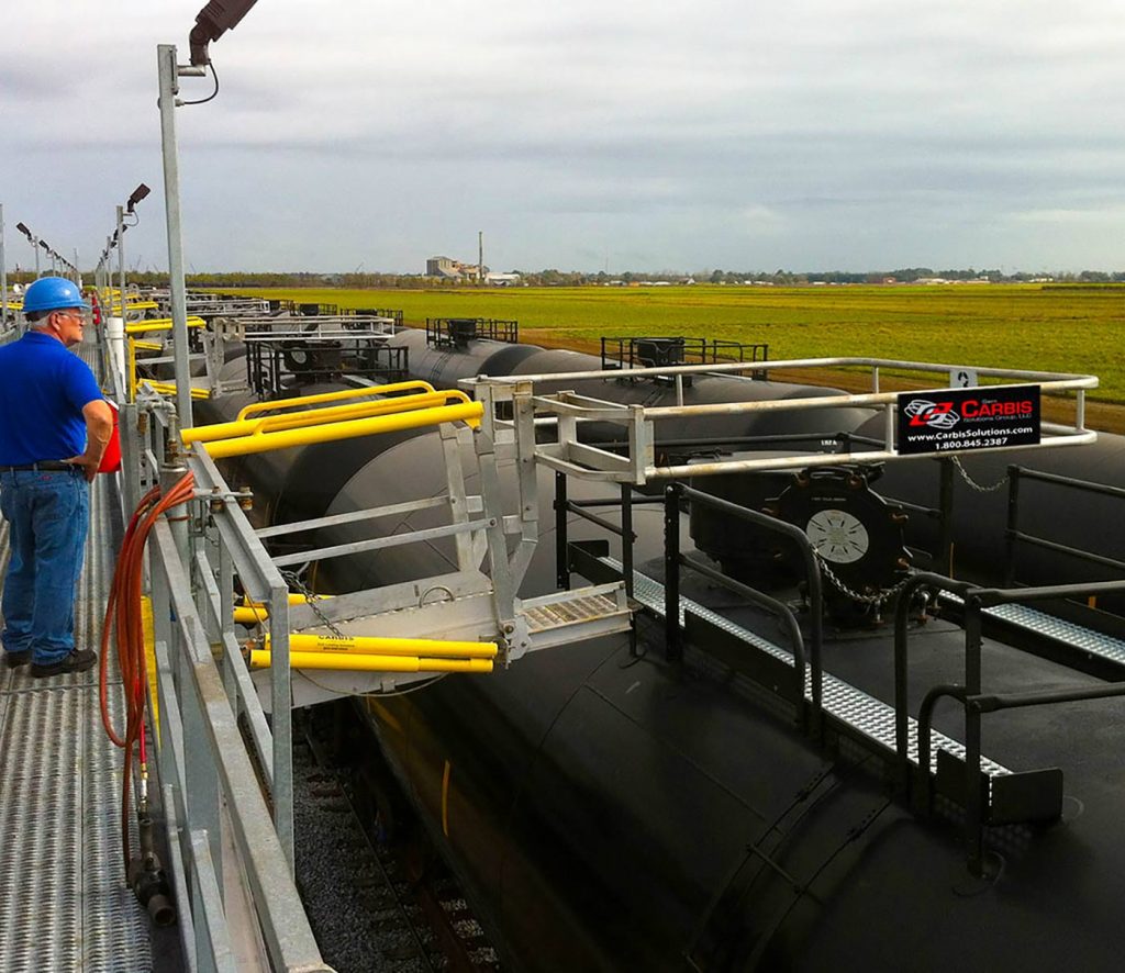 A Telescoping Loading ramp projected out onto a tanker car cage system for fueling.
