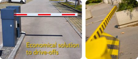 Drive off protection solutions. a car guard rail at the entrance of a road.