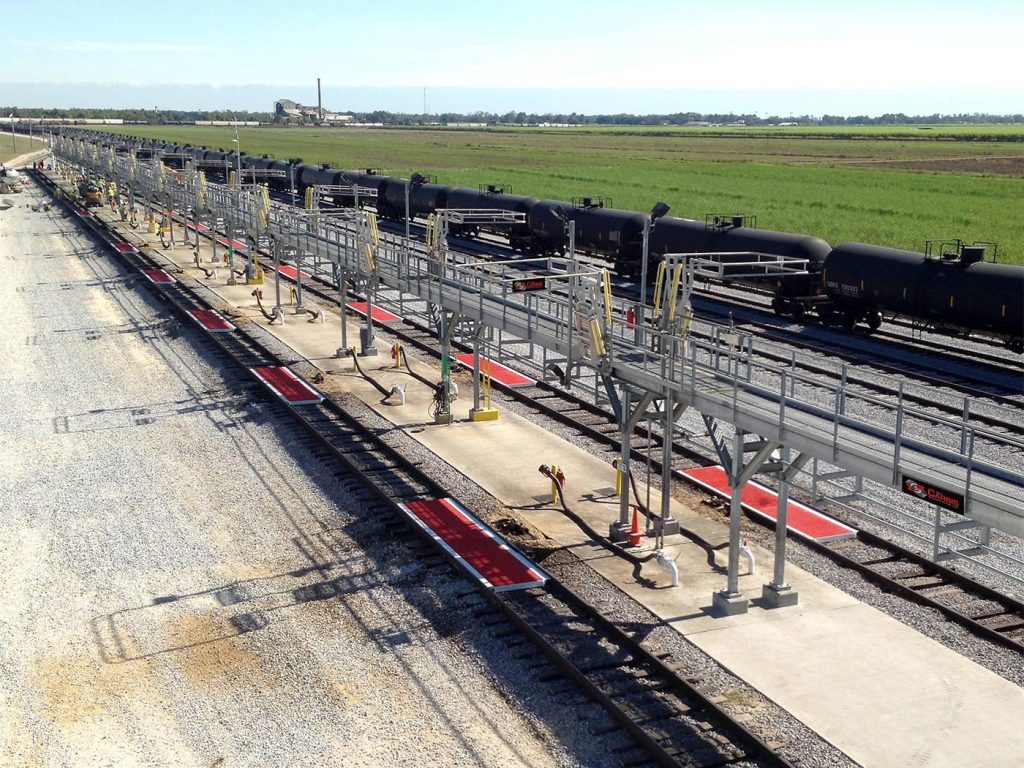 A multi hatch railcar loading system that spans for about 20 railcars in the middle of two rail tracks.