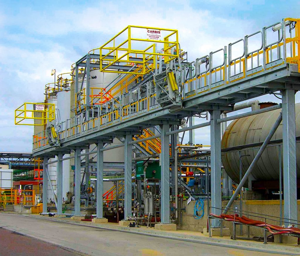 Multi-hatch truck loading system in a chemical refinery.