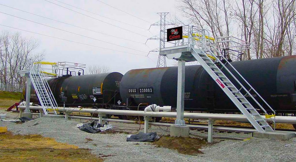 A single railcar access loading system by two tanker rail cars.