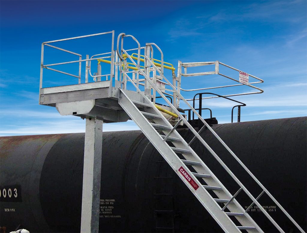 A single railcar access loading system on top of a tanker railcar.