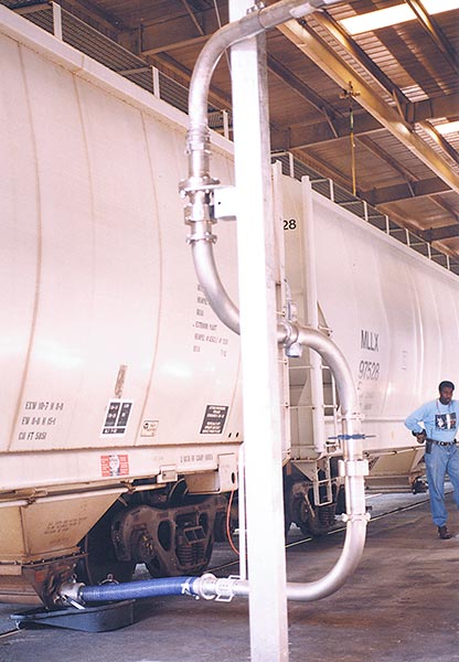 A pellet dry good loading arm is attached to the bottom of a hopper railcar.