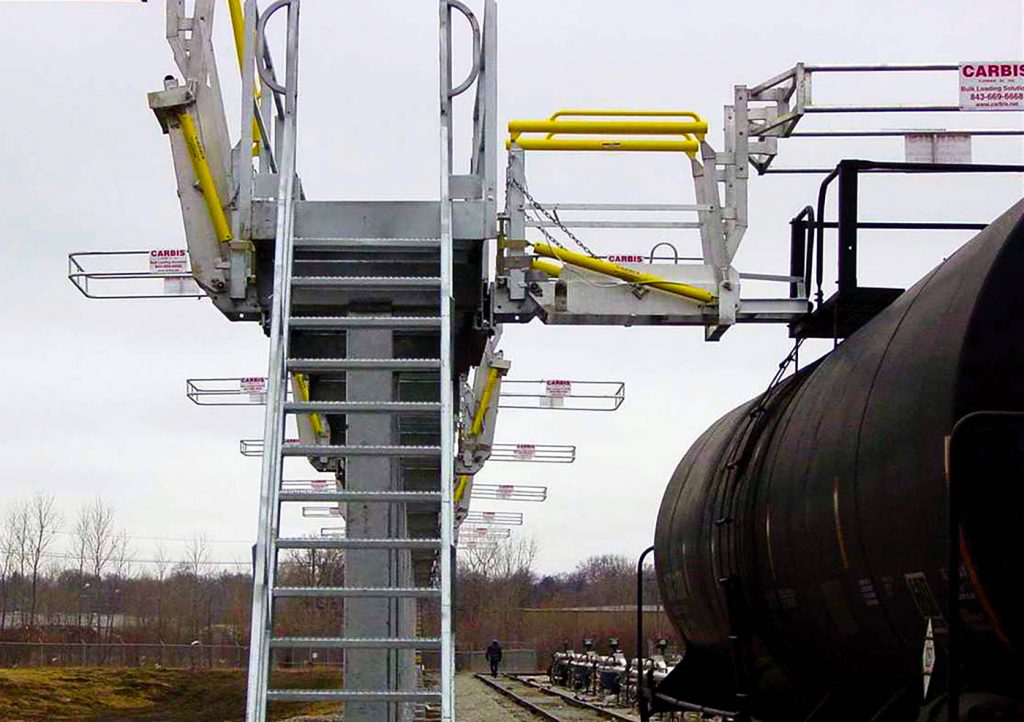 Several gangways are on a loading platform. A tanker car is connected to one of them.