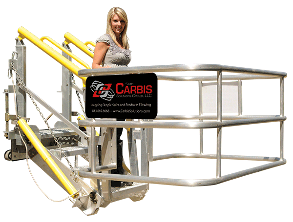 A woman stands in a folding stairs enclosure