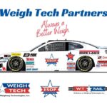 picture of a stock car with Weigh-Tech decals and Weigh-Tech's partners decals.