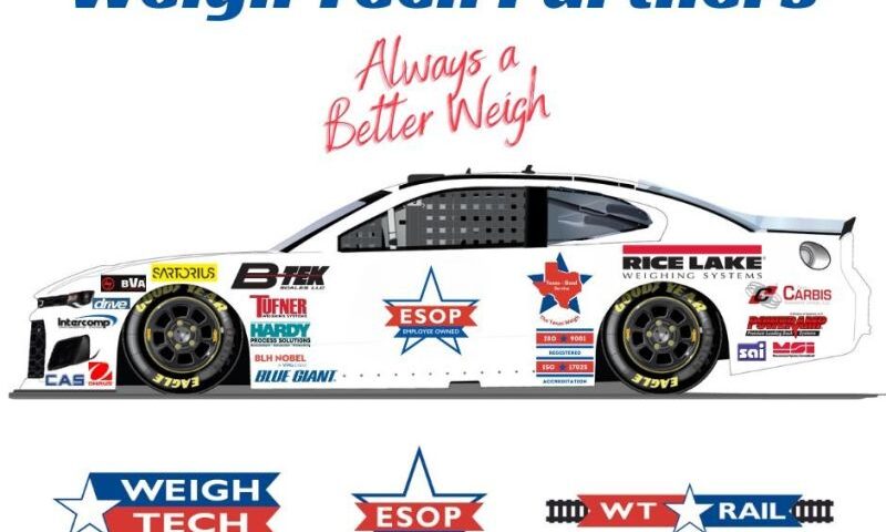 picture of a stock car with Weigh-Tech decals and Weigh-Tech's partners decals.