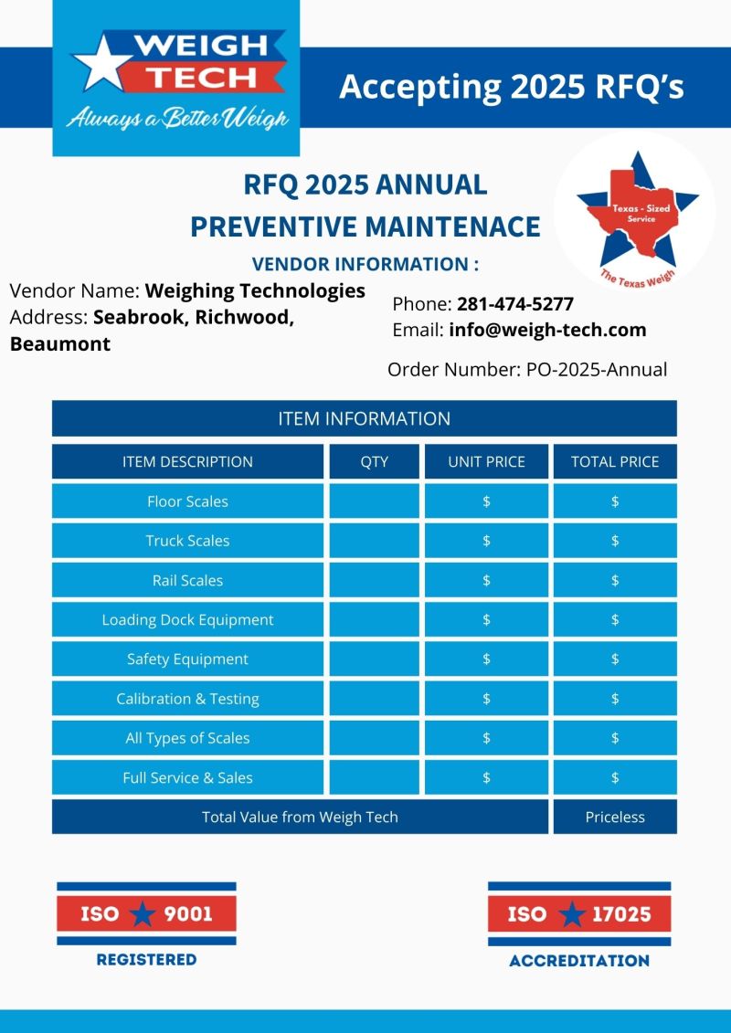 RFQ 2025 Annual Preventative Maintenance vendor information sheet.