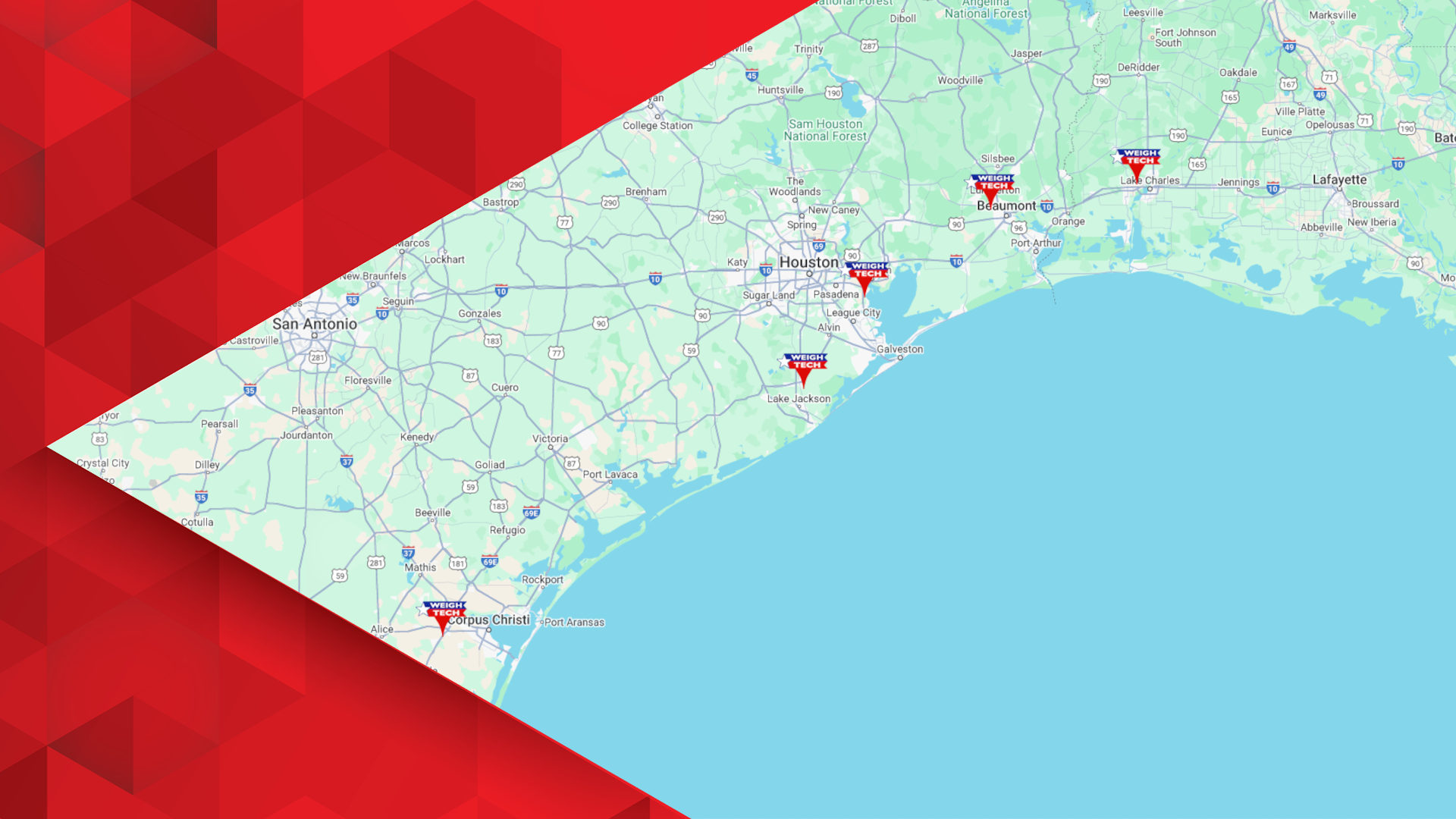 A map image showing the five Weigh-Tech locations. From left to right, they are Corpus Christi, Freeport, Houston, Beaumont, and Lake Charles, Louisiana.