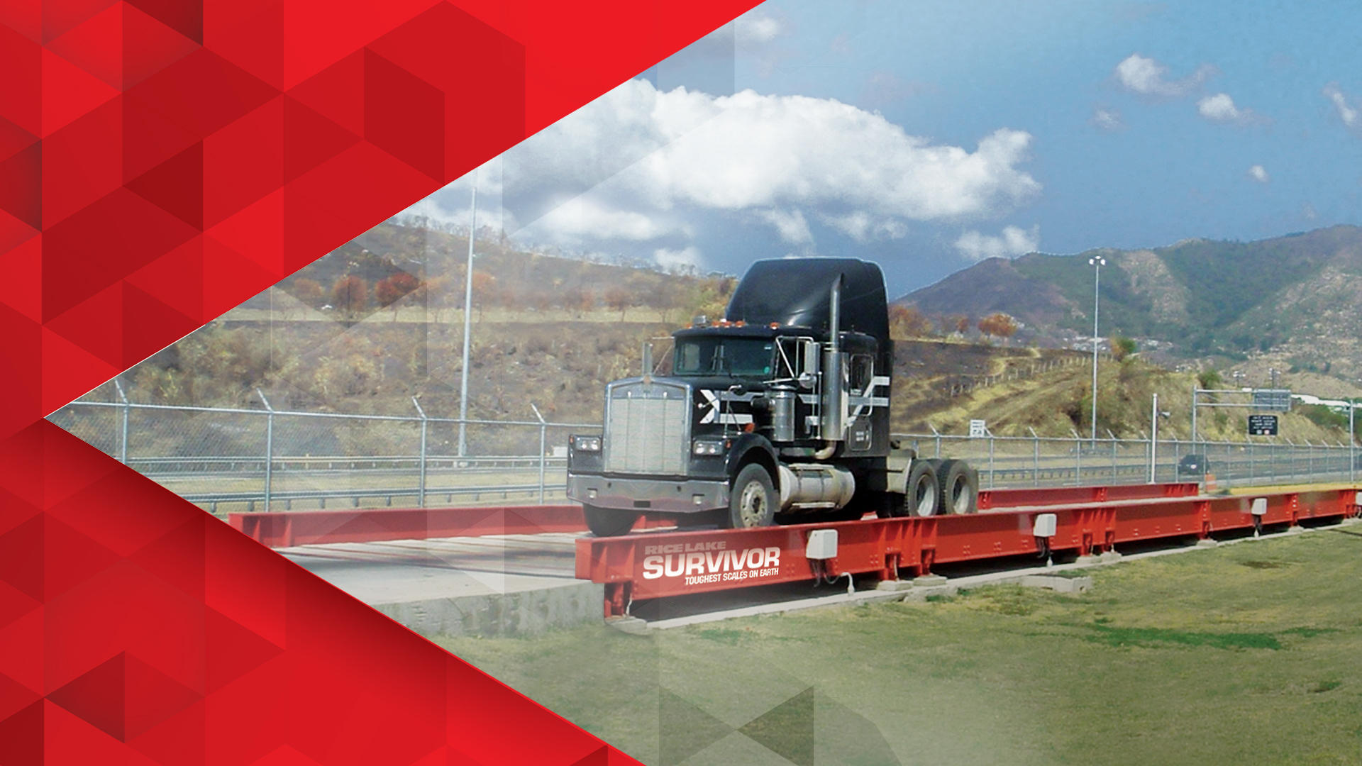 A truck sits on a red Ricelake survivor truck scale.